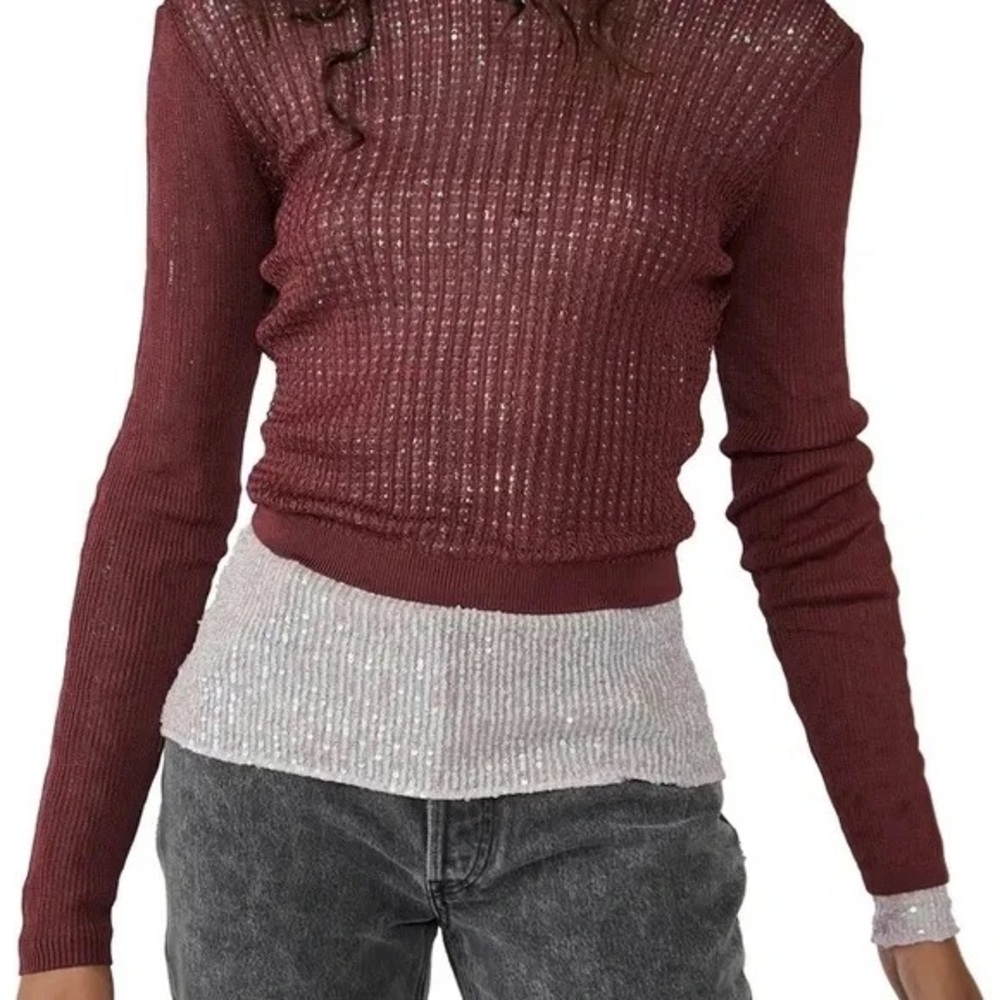 Free People H2O Crew Pullover Knit Semi Sheer Long Sleeve Raw Garnet Size Medium